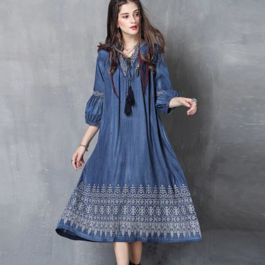 Midi  Denim  Tunic  Autumn  Blue  Cotton  Ethnic  Floral Embroidery  V-neck  Gypsy Boho Dress