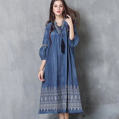 Midi  Denim  Tunic  Autumn  Blue  Cotton  Ethnic  Floral Embroidery  V-neck  Gypsy Boho Dress