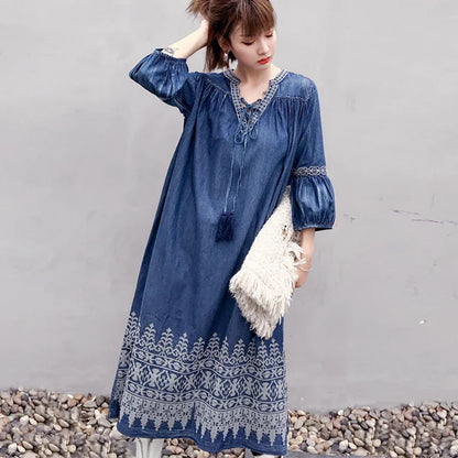 Midi  Denim  Tunic  Autumn  Blue  Cotton  Ethnic  Floral Embroidery  V-neck  Gypsy Boho Dress