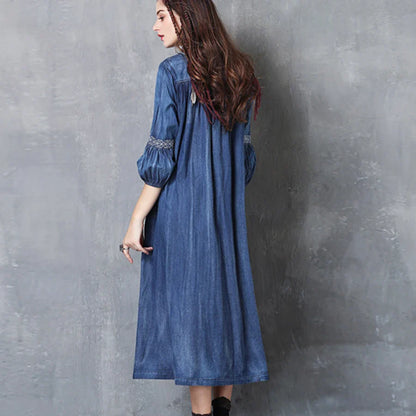 Midi  Denim  Tunic  Autumn  Blue  Cotton  Ethnic  Floral Embroidery  V-neck  Gypsy Boho Dress