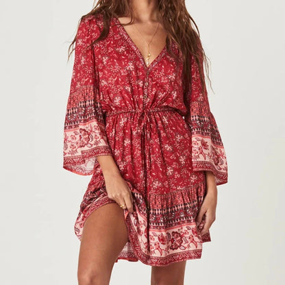 Mini  Women  Rayon Floral Print  Summer  Gypsy  Flare Sleeve  Drawstring Waist  Short  Vestido  Robe Boho Dress