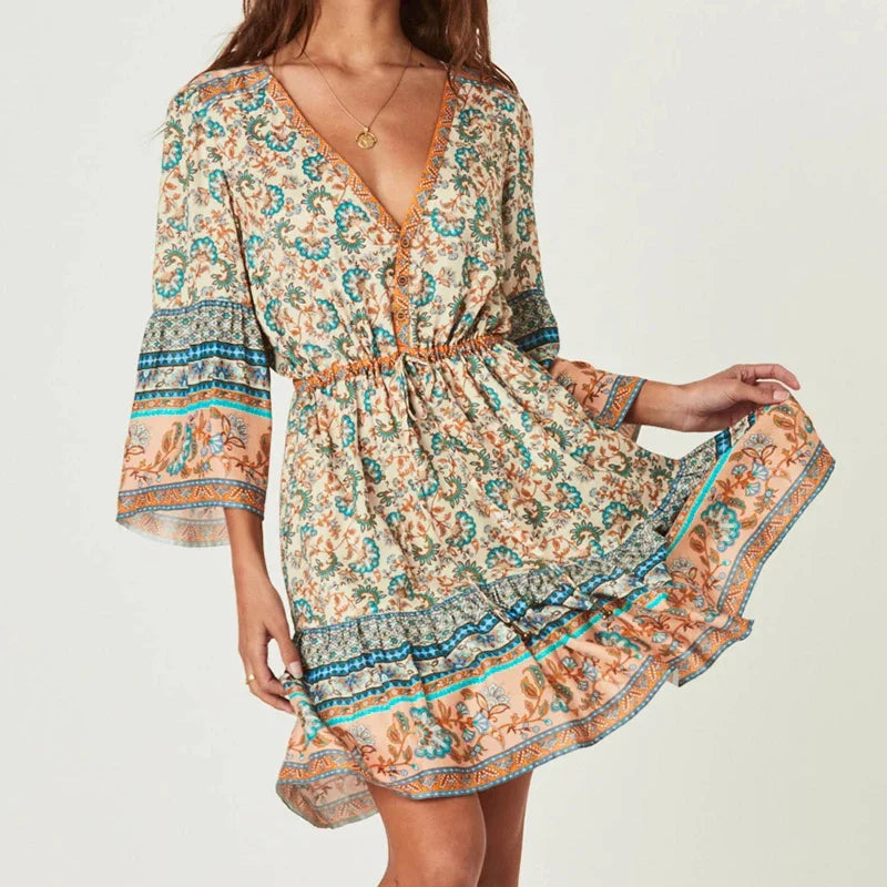 Mini  Women  Rayon Floral Print  Summer  Gypsy  Flare Sleeve  Drawstring Waist  Short  Vestido  Robe Boho Dress