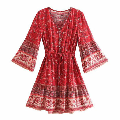 Mini  Women  Rayon Floral Print  Summer  Gypsy  Flare Sleeve  Drawstring Waist  Short  Vestido  Robe Boho Dress