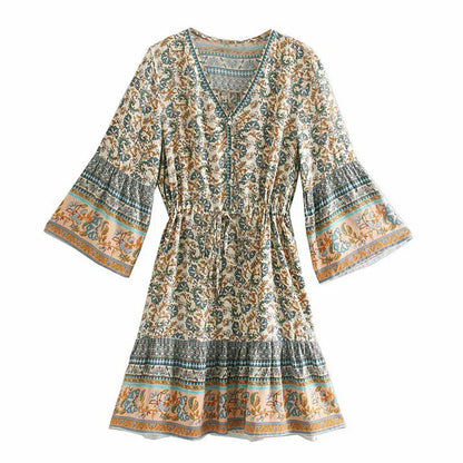 Mini  Women  Rayon Floral Print  Summer  Gypsy  Flare Sleeve  Drawstring Waist  Short  Vestido  Robe Boho Dress