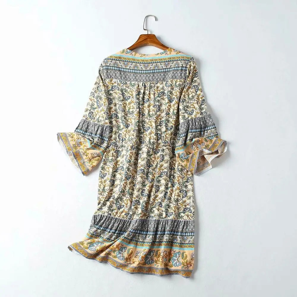 Mini  Women  Rayon Floral Print  Summer  Gypsy  Flare Sleeve  Drawstring Waist  Short  Vestido  Robe Boho Dress