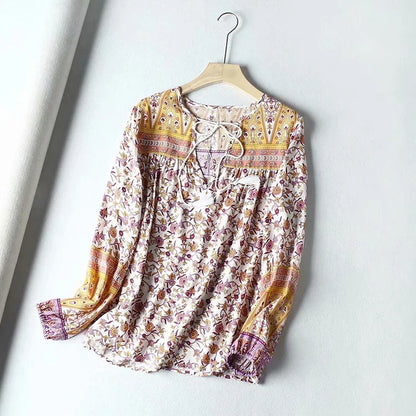 Oversize  Loose  Long Sleeve  Casual  Cotton  Pink  Floral Print  Summer  Vintage Boho Dress