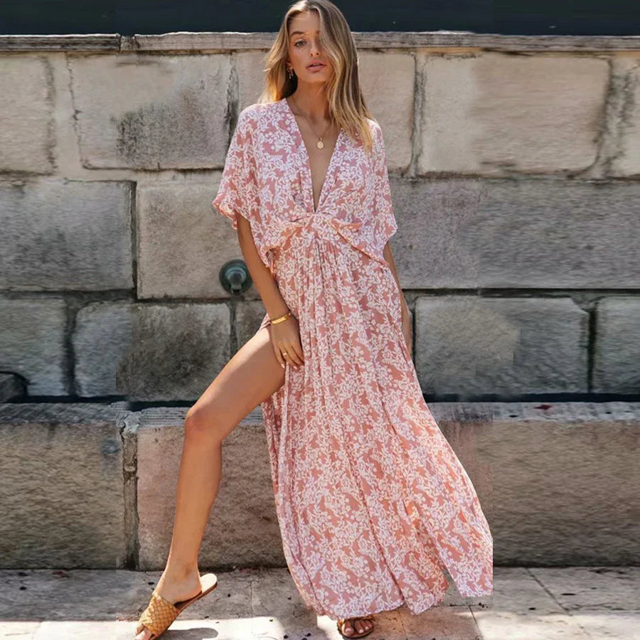 Pink  Floral Maxi  Sexy  Deep V Neck  Side Split  Summer  Vintage  Casual  Beach Boho Dress