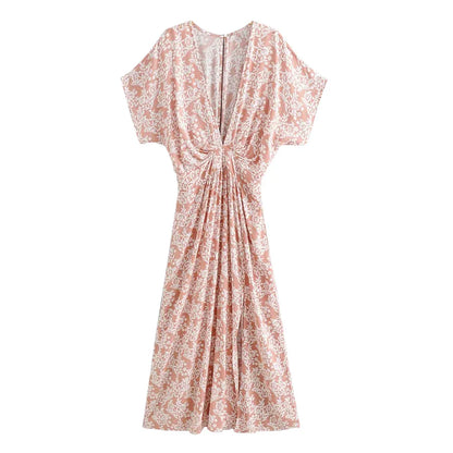 Pink  Floral Maxi  Sexy  Deep V Neck  Side Split  Summer  Vintage  Casual  Beach Boho Dress