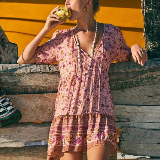 Pink  Floral Print  Robe  A-line  Mini  Women 2024  Beach  V Neck  Short  Summer  Vintage  Loose  Casual Boho Dress