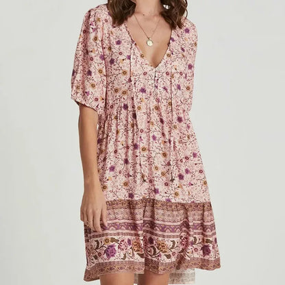 Pink  Floral Print  Robe  A-line  Mini  Women 2024  Beach  V Neck  Short  Summer  Vintage  Loose  Casual Boho Dress