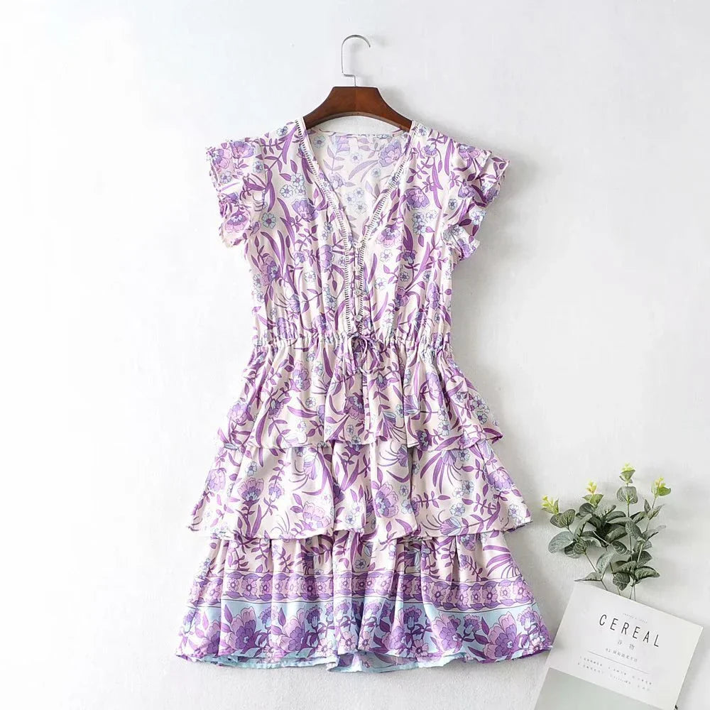 Purple  Bohemian  Cotton Rayon  Floral Print  Summer  Ruffles  V-neck  Short Beach Boho Dress