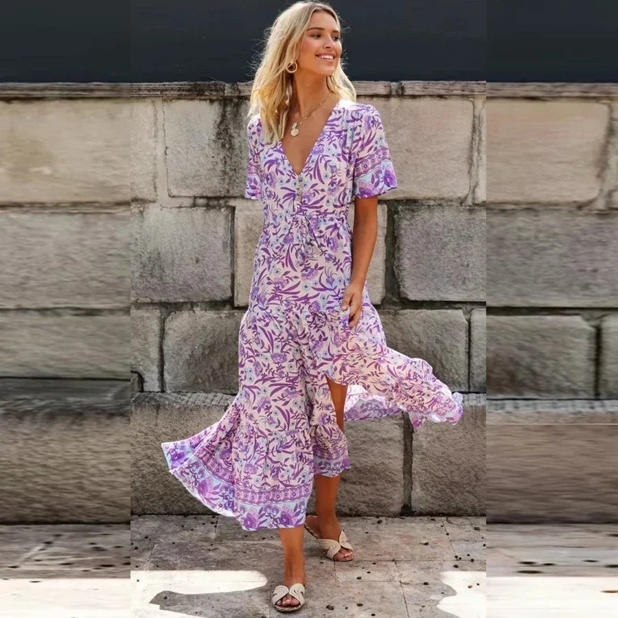 Purple  Bohemian  Cotton Rayon  Floral Print  Summer  Ruffles  V-neck  Short Beach Boho Dress