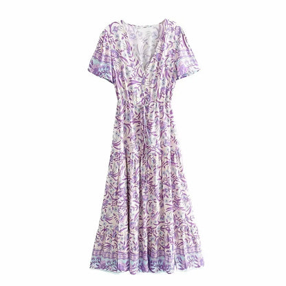 Purple  Bohemian  Cotton Rayon  Floral Print  Summer  Ruffles  V-neck  Short Beach Boho Dress