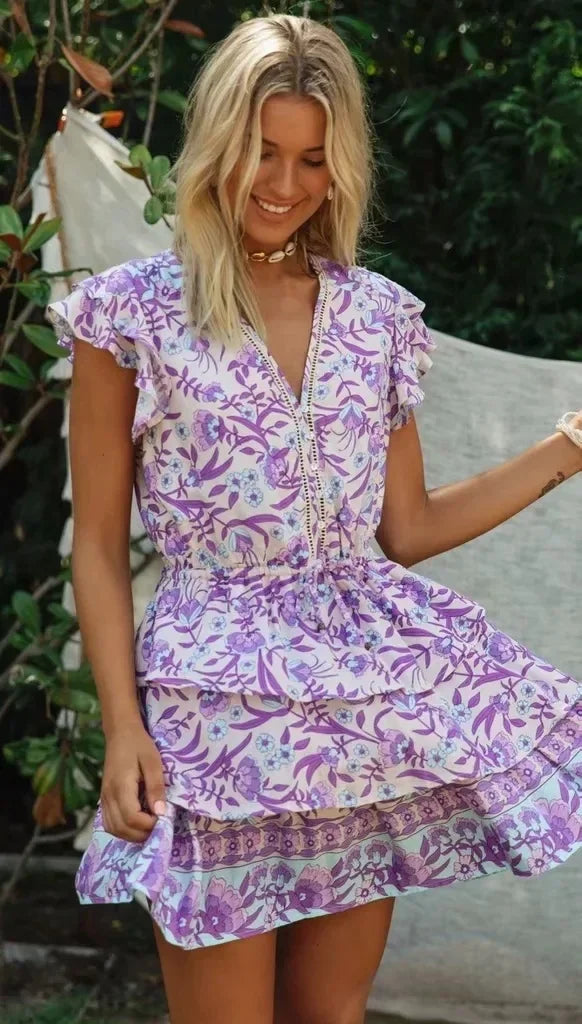 Purple  Bohemian  Cotton Rayon  Floral Print  Summer  Ruffles  V-neck  Short Beach Boho Dress