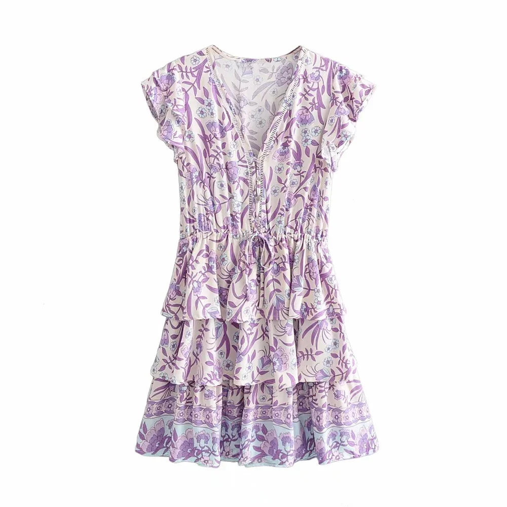 Purple  Bohemian  Cotton Rayon  Floral Print  Summer  Ruffles  V-neck  Short Beach Boho Dress