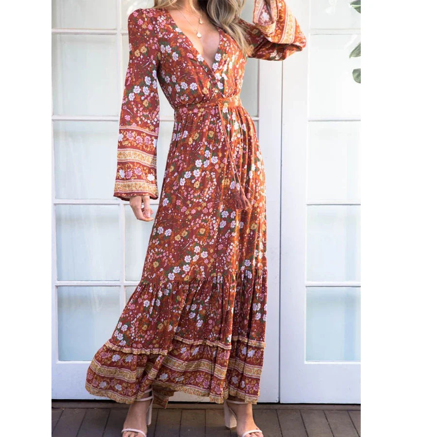 Rayon Maxi  Women  Sexy  V-neck  Long Sleeve  Gypsy  Floral Print  Long  2024  Autumn  Vestidos  Boho Dress