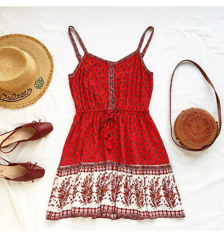 Red Floral Print  Mini  Women  Cotton Rayon  Straps  Summer  Vestidos  Beach  Drawstring Waist  Casual  Boho Boho Dress