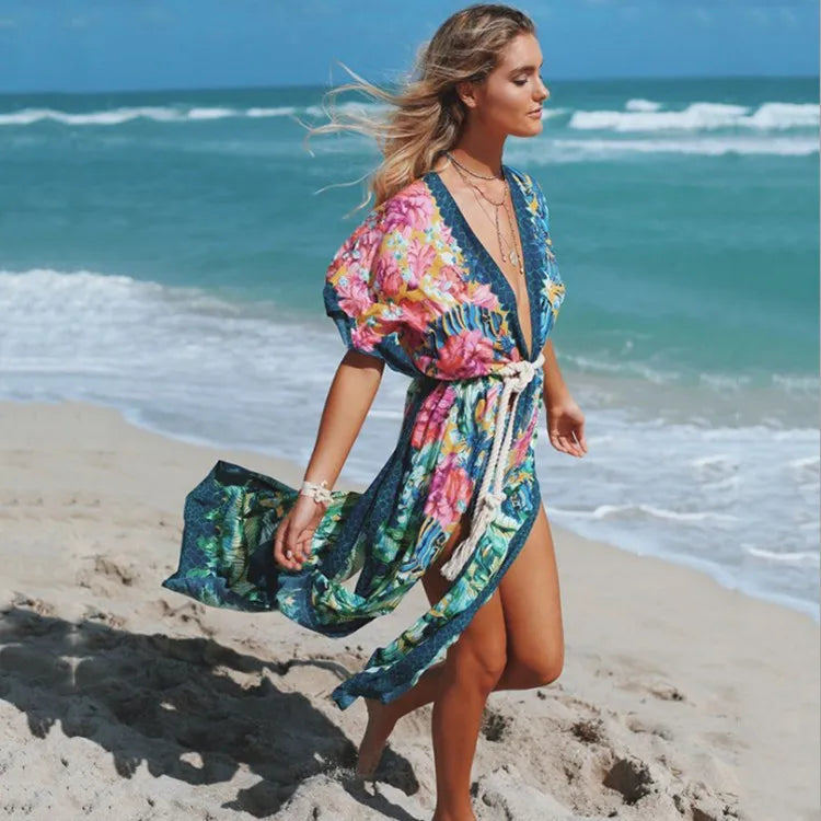 Sexy Side Split  Beach Kaftan  Women  Tunic  Polyester  Floral Print  Long  Summer Boho Dress