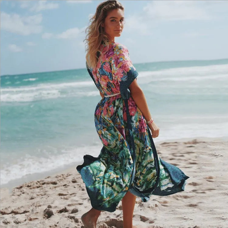 Sexy Side Split  Beach Kaftan  Women  Tunic  Polyester  Floral Print  Long  Summer Boho Dress