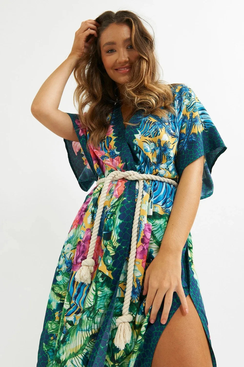 Sexy Side Split  Beach Kaftan  Women  Tunic  Polyester  Floral Print  Long  Summer Boho Dress