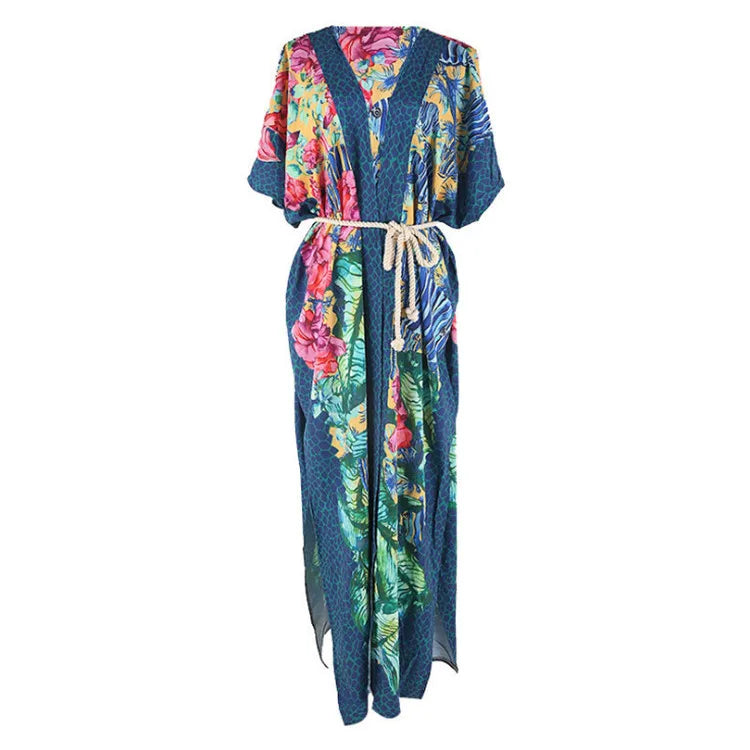 Sexy Side Split  Beach Kaftan  Women  Tunic  Polyester  Floral Print  Long  Summer Boho Dress