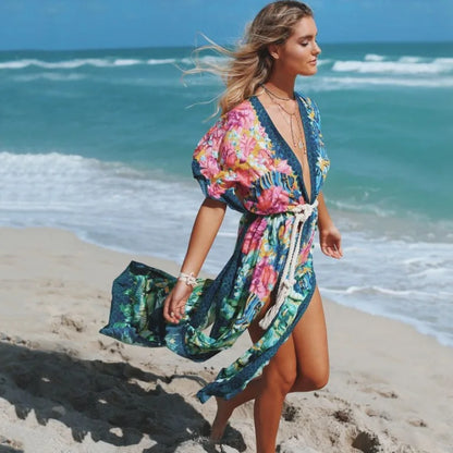 Sexy Side Split  Beach Kaftan  Women  Tunic  Polyester  Floral Print  Long  Summer Boho Dress