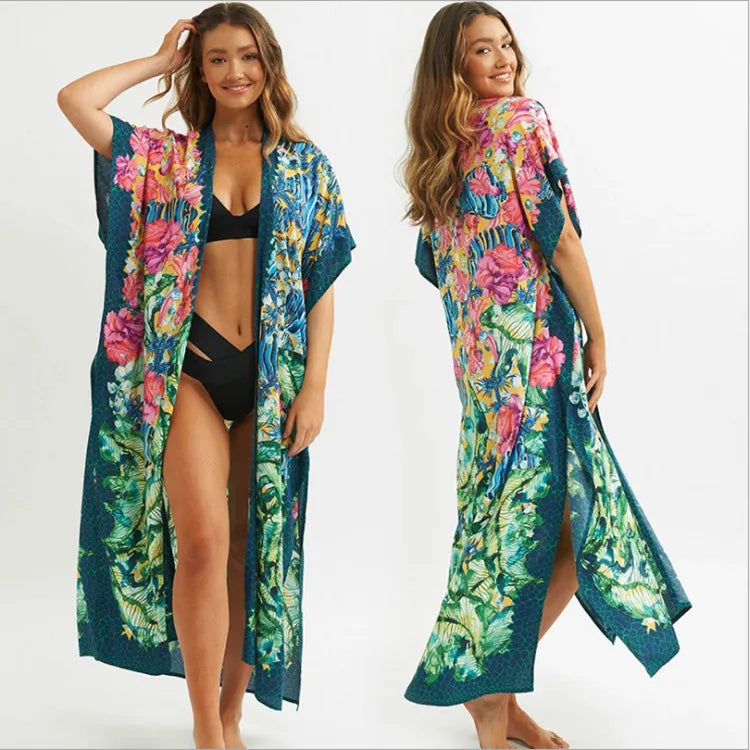 Sexy Side Split  Beach Kaftan  Women  Tunic  Polyester  Floral Print  Long  Summer Boho Dress