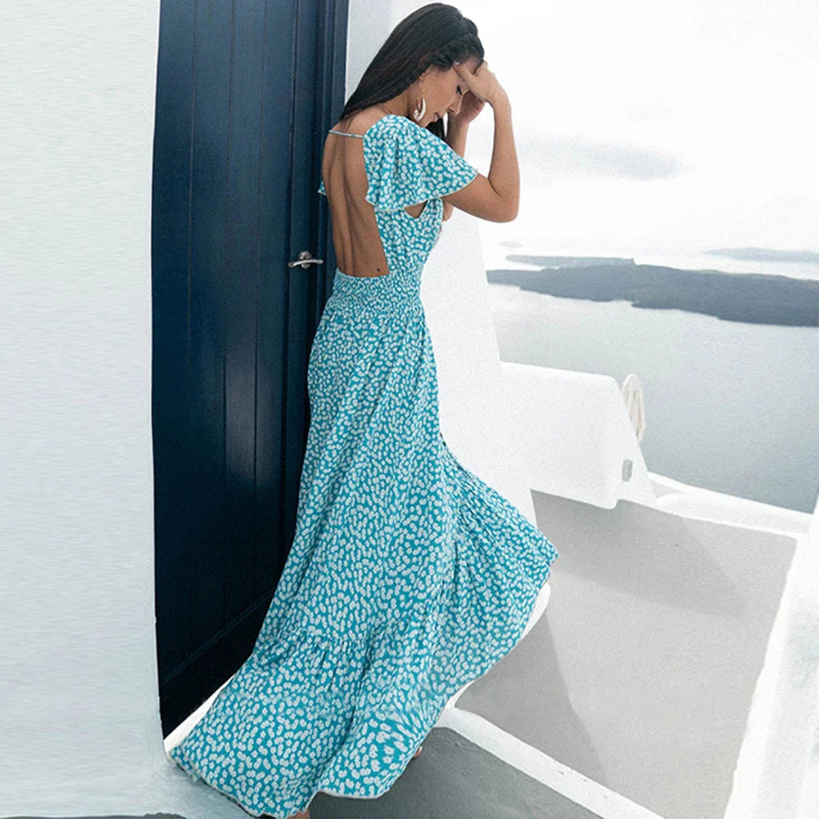 Sexy  Backless  Maxi  Summer  2024  Cotton  Blue Floral Print  Beach  V Neck  Vestidos  Casual  Women  Robe Boho Dress