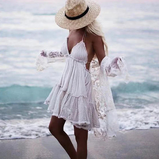 Sexy  Deep V Neck  Sleeveless  Backless  Mini  Women  Summer  Beach  Lace  Vestidos  2024  Boho Dress