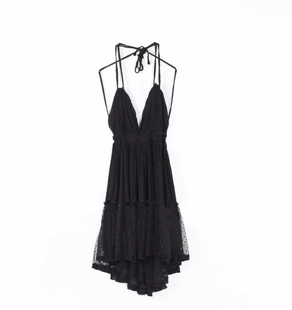 Sexy  Deep V Neck  Sleeveless  Backless  Mini  Women  Summer  Beach  Lace  Vestidos  2024  Boho Dress