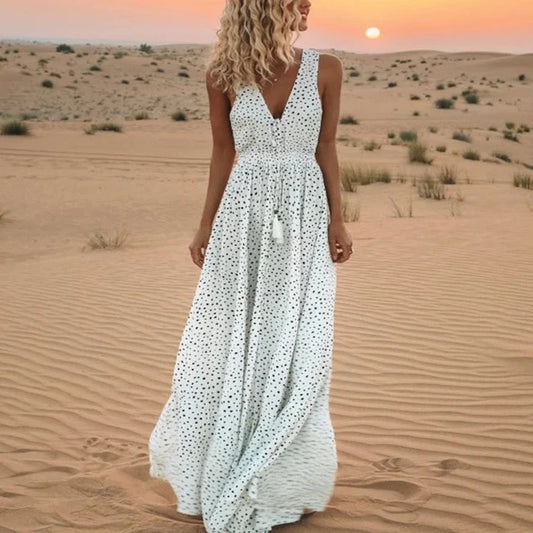 Sexy  Sleeveless  Deep V Neck  Maxi  Women  Summer  Vintage  Cotton Rayon  White Polka Dot  Beach  Vestidos Boho Dress