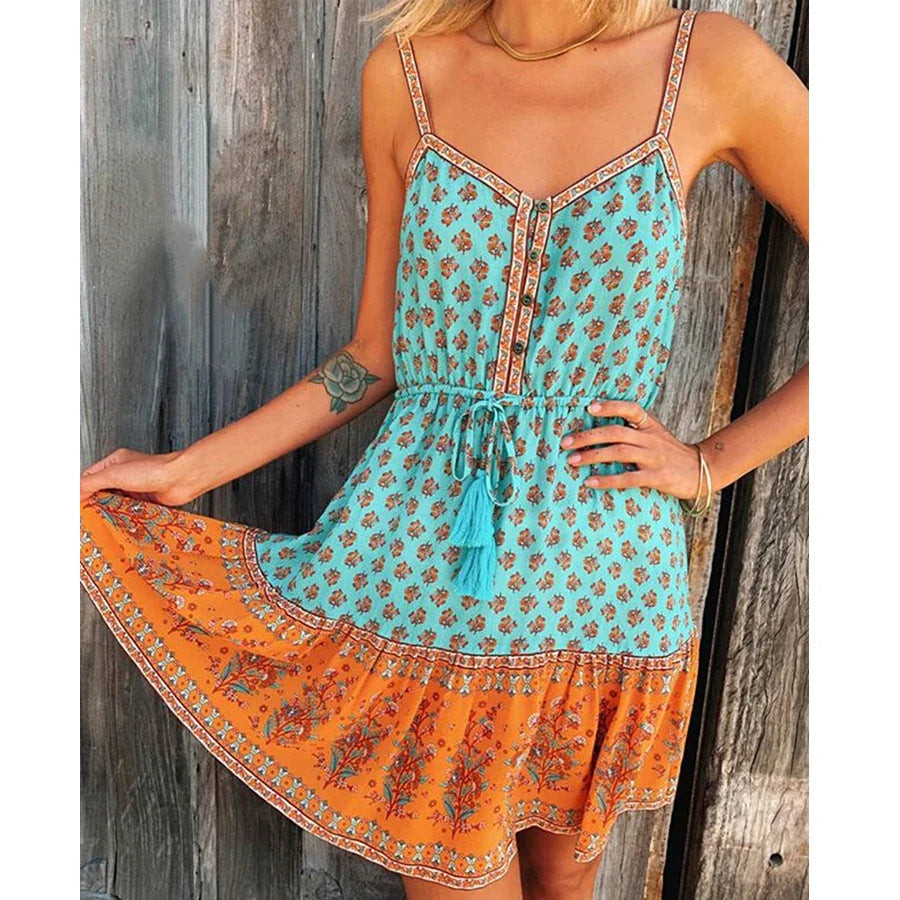 Sexy  Sleeveless  Strap  Mini  Rayon  Floral Print  Summer  Bohemia  Strappy  Beach  Women  Vestidos Boho Dress