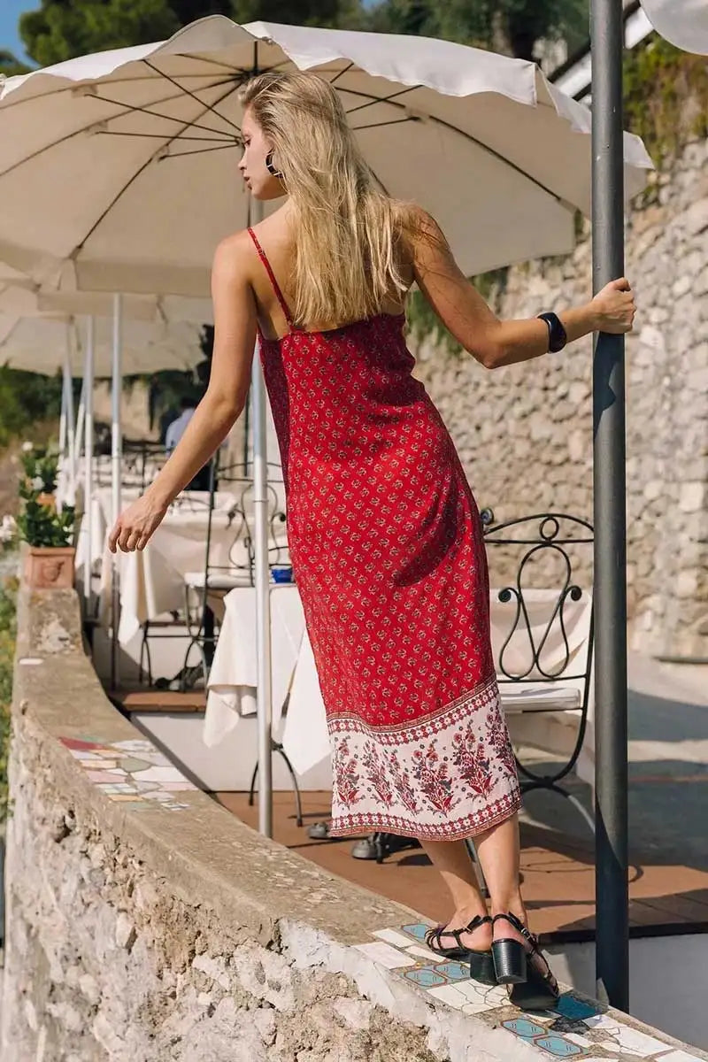 Sexy Slit Sides  Long  Women 2024  Beach Wear  Summer Casual  Red Floral Print  Strap  Robe Boho Dress