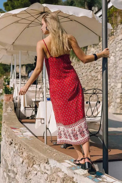 Sexy Slit Sides  Long  Women 2024  Beach Wear  Summer Casual  Red Floral Print  Strap  Robe Boho Dress