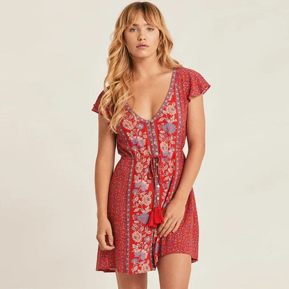 Short  Red  Rayon  Floral Print  Summer  Sexy  V-neck  Drawstring Waist  Gypsy  Mini Boho Dress