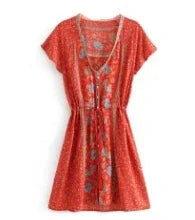 Short  Red  Rayon  Floral Print  Summer  Sexy  V-neck  Drawstring Waist  Gypsy  Mini Boho Dress