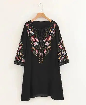 Summer  Floral Embroidery  Mini  2024  Cotton Rayon  O-neck  Short Sleeve  Casual  Loose  Women Boho Dress