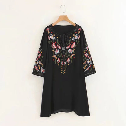 Summer  Floral Embroidery  Mini  2024  Cotton Rayon  O-neck  Short Sleeve  Casual  Loose  Women Boho Dress