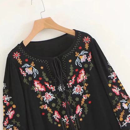 Summer  Floral Embroidery  Mini  2024  Cotton Rayon  O-neck  Short Sleeve  Casual  Loose  Women Boho Dress