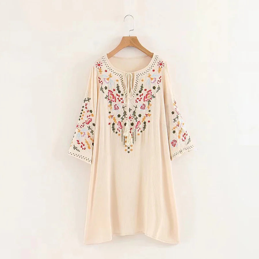 Summer  Floral Embroidery  Mini  2024  Cotton Rayon  O-neck  Short Sleeve  Casual  Loose  Women Boho Dress