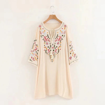 Summer  Floral Embroidery  Mini  2024  Cotton Rayon  O-neck  Short Sleeve  Casual  Loose  Women Boho Dress