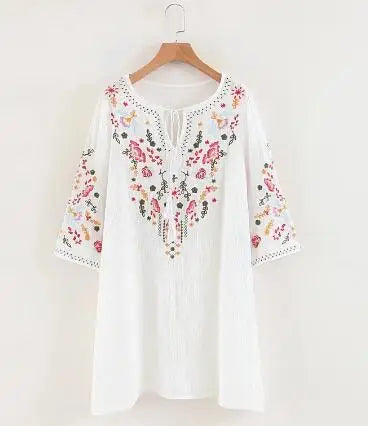 Summer  Floral Embroidery  Mini  2024  Cotton Rayon  O-neck  Short Sleeve  Casual  Loose  Women Boho Dress