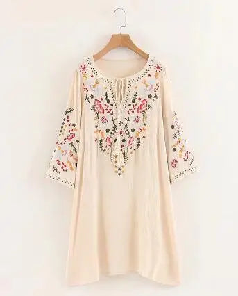 Summer  Floral Embroidery  Mini  2024  Cotton Rayon  O-neck  Short Sleeve  Casual  Loose  Women Boho Dress