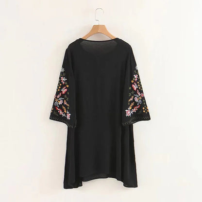 Summer  Floral Embroidery  Mini  2024  Cotton Rayon  O-neck  Short Sleeve  Casual  Loose  Women Boho Dress