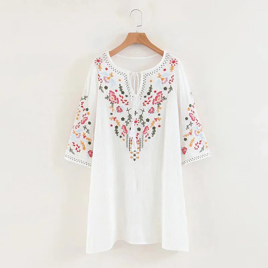 Summer  Floral Embroidery  Mini  2024  Cotton Rayon  O-neck  Short Sleeve  Casual  Loose  Women Boho Dress