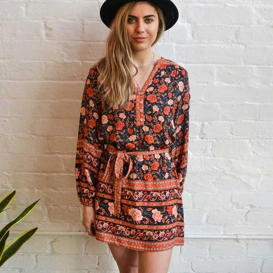 Tunic  Rayon  Mini  2024  Autumn  Brown  Rose Floral Print  Gypsy  Chic  Long Sleeve  Beach  Women  Boho Dress