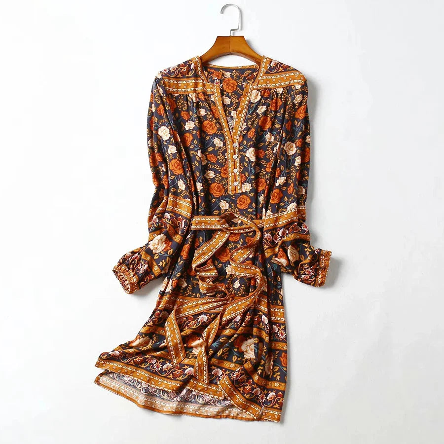 Tunic  Rayon  Mini  2024  Autumn  Brown  Rose Floral Print  Gypsy  Chic  Long Sleeve  Beach  Women  Boho Dress