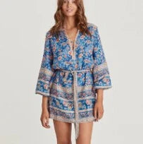 Tunic  Rayon  Mini  2024  Autumn  Brown  Rose Floral Print  Gypsy  Chic  Long Sleeve  Beach  Women  Boho Dress