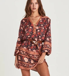 Tunic  Rayon  Mini  2024  Autumn  Brown  Rose Floral Print  Gypsy  Chic  Long Sleeve  Beach  Women  Boho Dress