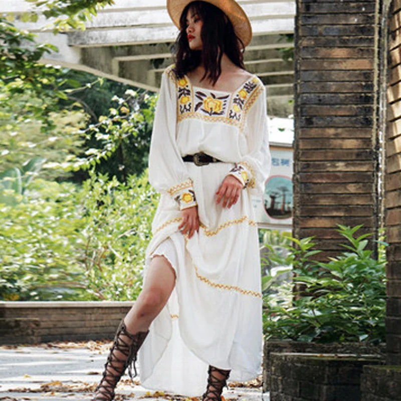 Tunic  White  Floral Embroidery  Long Sleeve  Beach  Summer  Loose  Gypsy Boho Dress